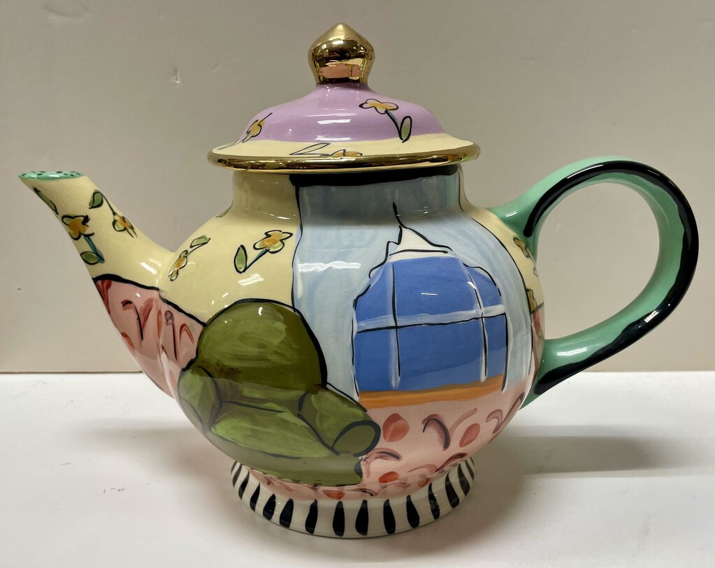 Droll Designs Livingroom Bright Colorful Gold Trim Teapot