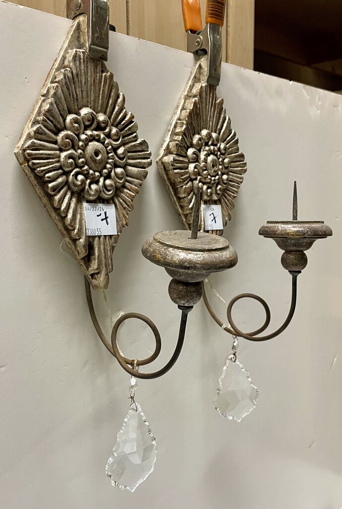 Italian Wood Plaster Carved Crystal Accent Candle Sconces (PAIR)