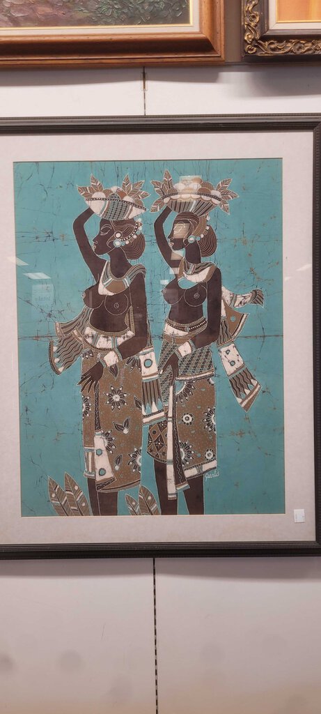 Kenyan Batik Tribal Folk Art W Head Baskets 35x43
