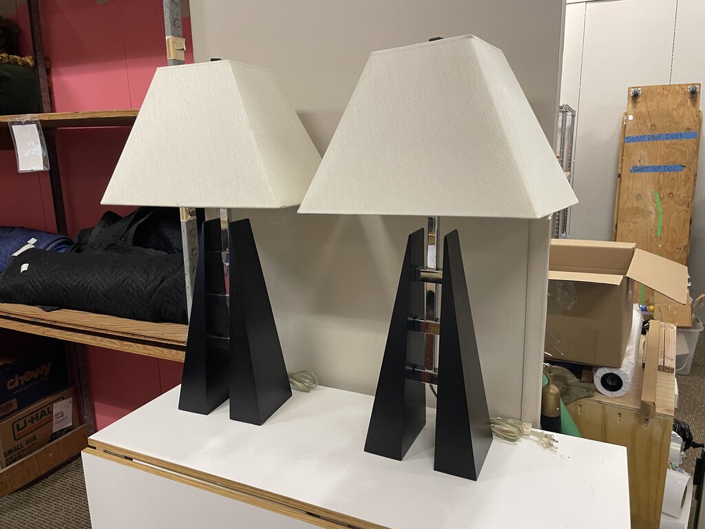 Black and Chrome Pyramid Style Table Lamps (PAIR)