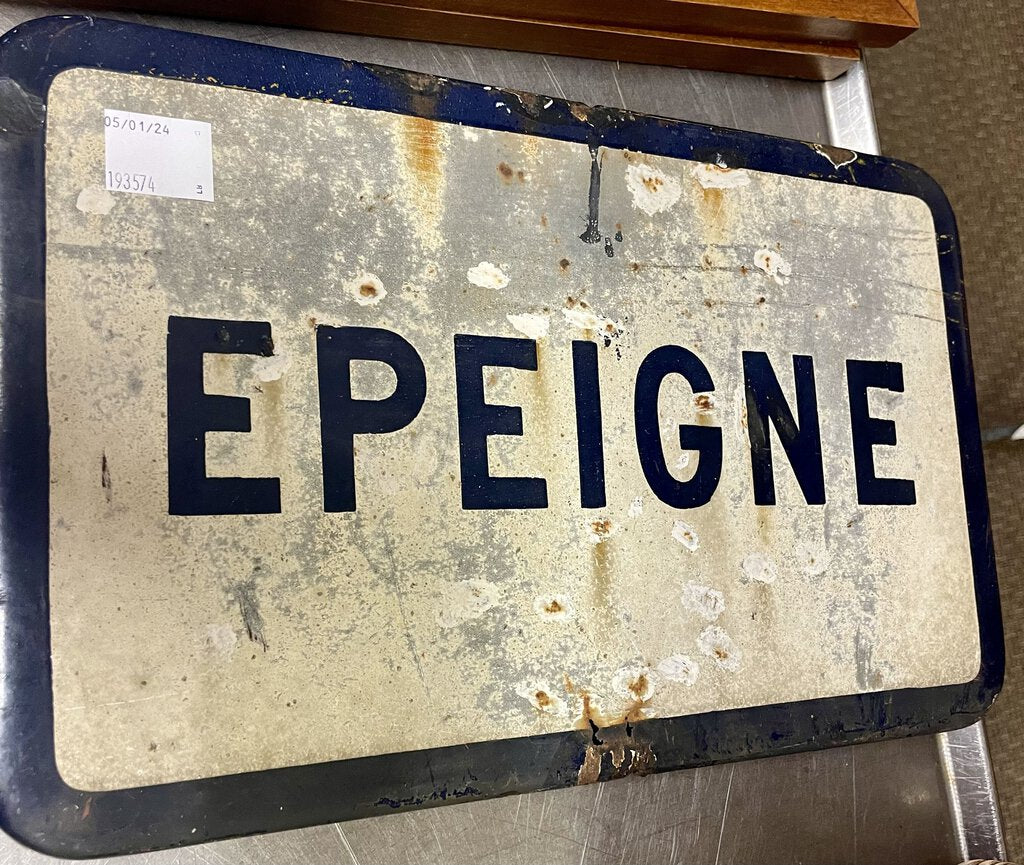 Vintage French Metal and Enamel Painted "Epeigne" Sign