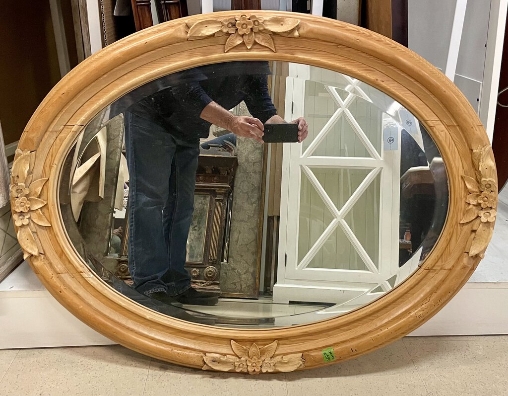 Refinished Doug Fir Carved Oval Mirror