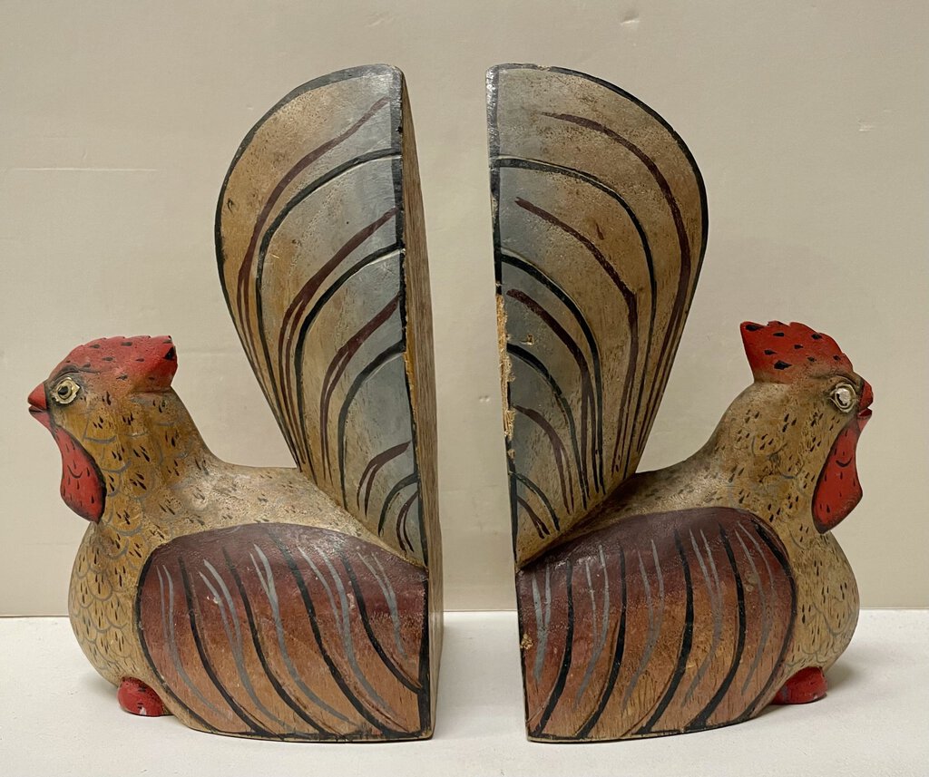 Carved Painted Wooden Hen Bookend Style