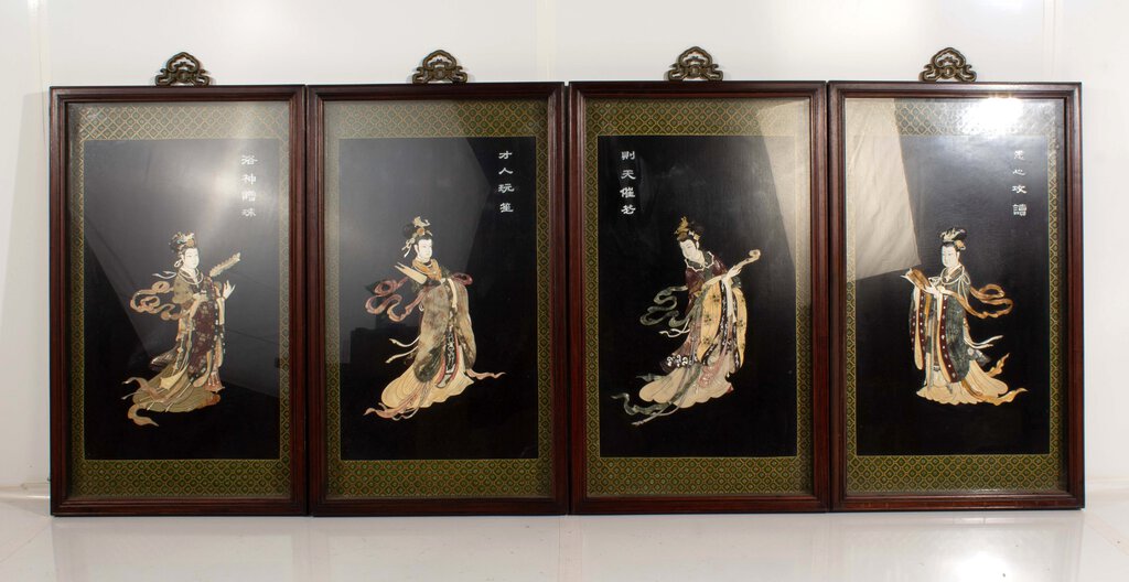 Mid 20th C. Chinese Solid Rosewood Case 3D Shadowbox w/ Jade, Coral, MOP, Abalone, Soap Stone, Ivory Carved Reliefs, & Brass Hardware