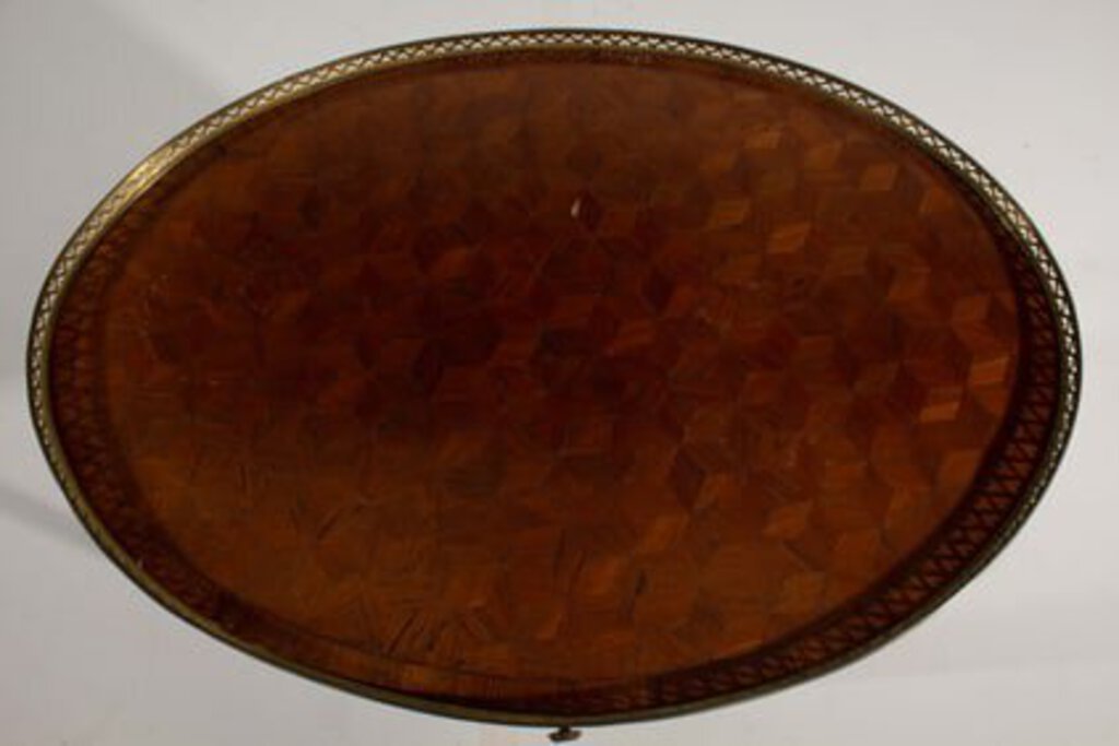 Antique Oval Ormolu Bouillotte Parquetry Table with Brass Gallery & Hardware