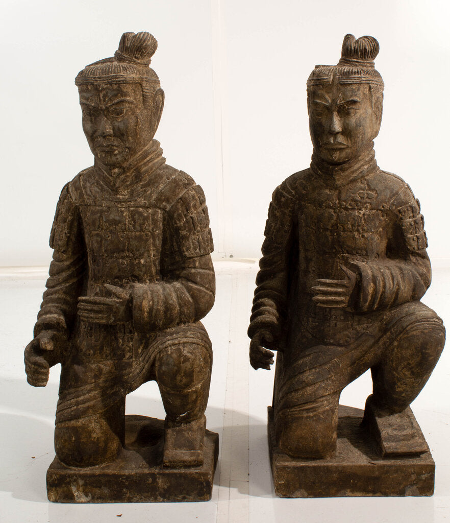 Pair of Chinese Carved Kneeling Stone Warrior Statues
