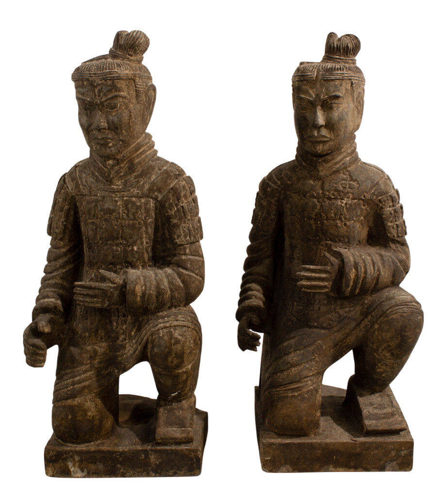 Pair of Chinese Carved Kneeling Stone Warrior Statues by Miss Daisy's Consignment & Auction House