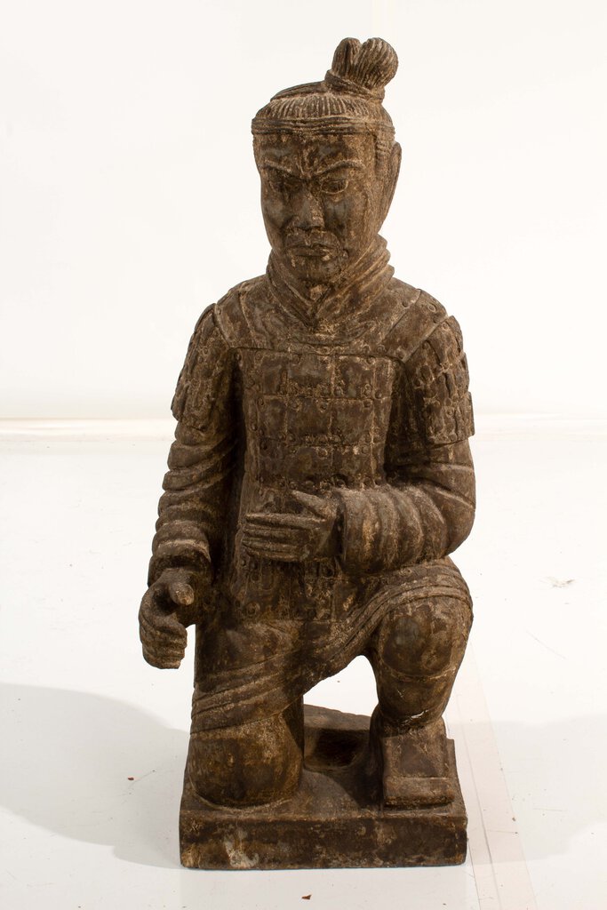 Pair of Chinese Carved Kneeling Stone Warrior Statues