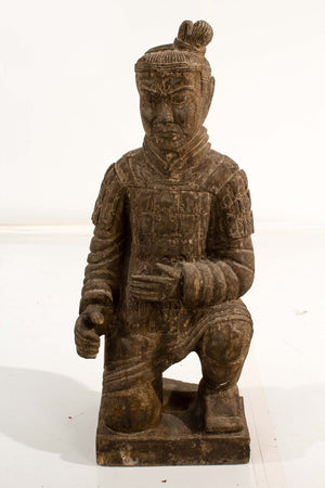 Pair of Chinese Carved Kneeling Stone Warrior Statues