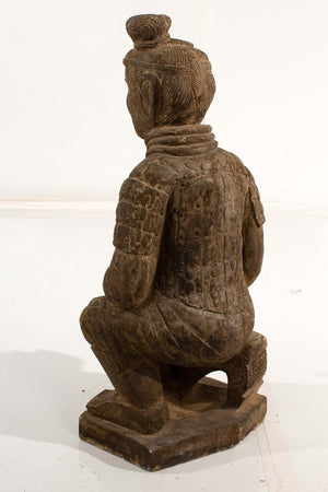 Pair of Chinese Carved Kneeling Stone Warrior Statues