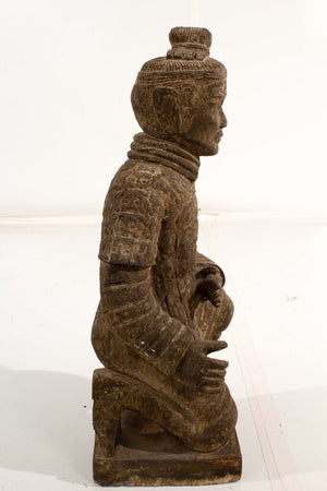 Pair of Chinese Carved Kneeling Stone Warrior Statues