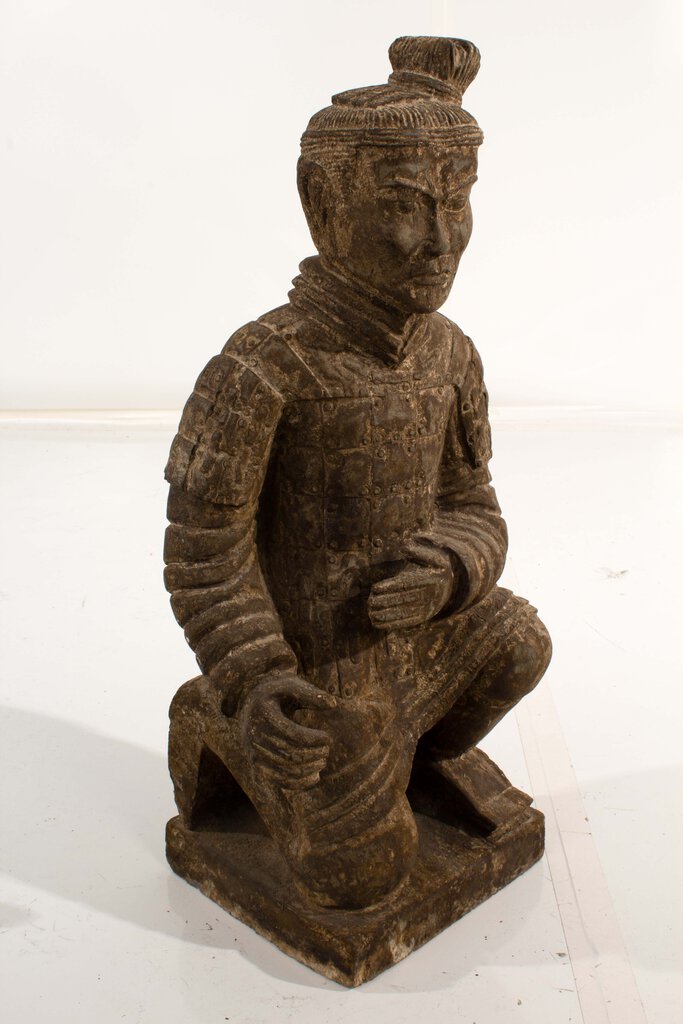 Pair of Chinese Carved Kneeling Stone Warrior Statues