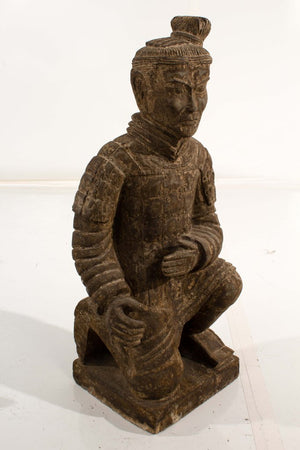 Pair of Chinese Carved Kneeling Stone Warrior Statues