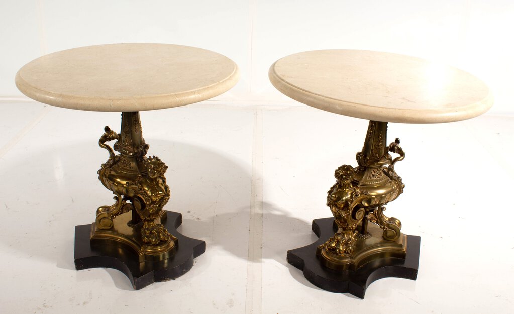 Antique Stone Top Side Table with Figural Brass Pedestal - Pair