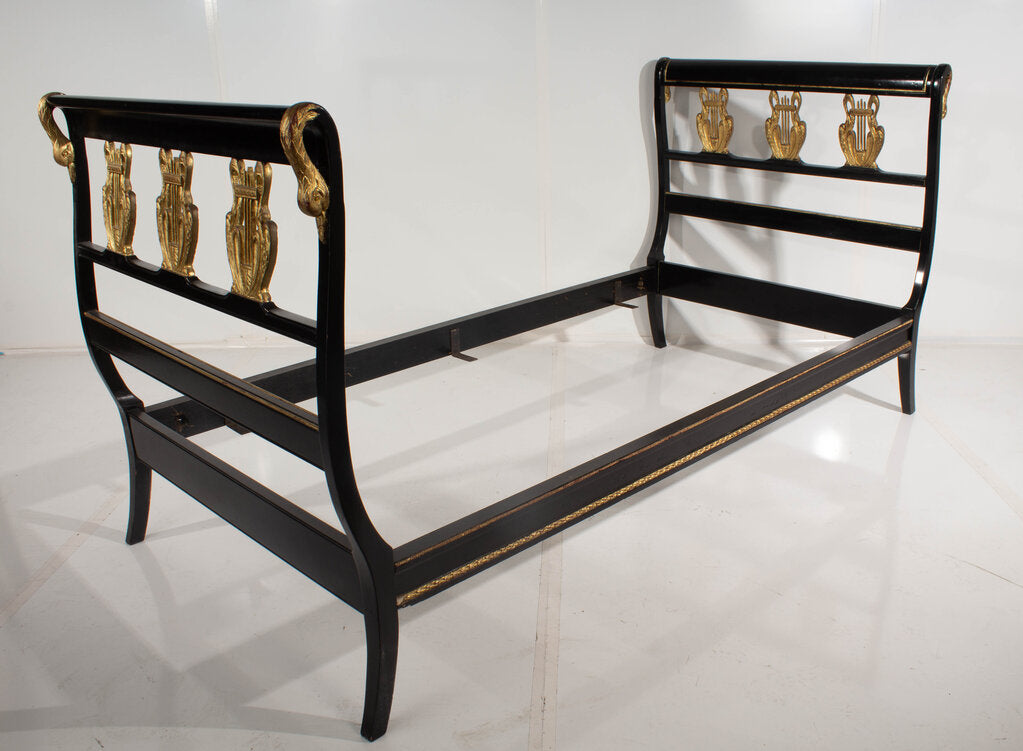 American Empire Style Ebonized and Parcel Gilt Double Bed Frame