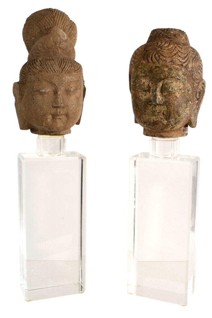 Antique Chinese Carved Stone Heads - Pair by Miss Daisy's Consignment & Auction House