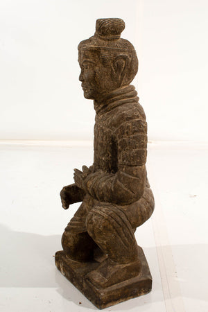 Pair of Chinese Carved Kneeling Stone Warrior Statues