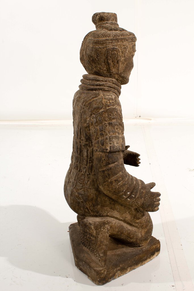 Pair of Chinese Carved Kneeling Stone Warrior Statues
