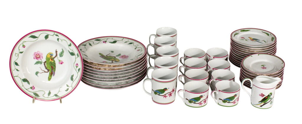 Lynn Chase 1989 "Parrots of Paradise" Dish Set - 45 Piece Set by Miss Daisy's Consignment & Auction House