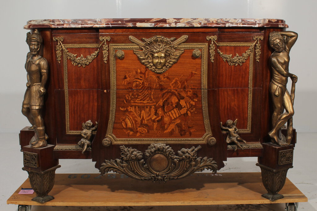 Antique Louis XVI Style Marble Top Mahogany Breakfront Commode