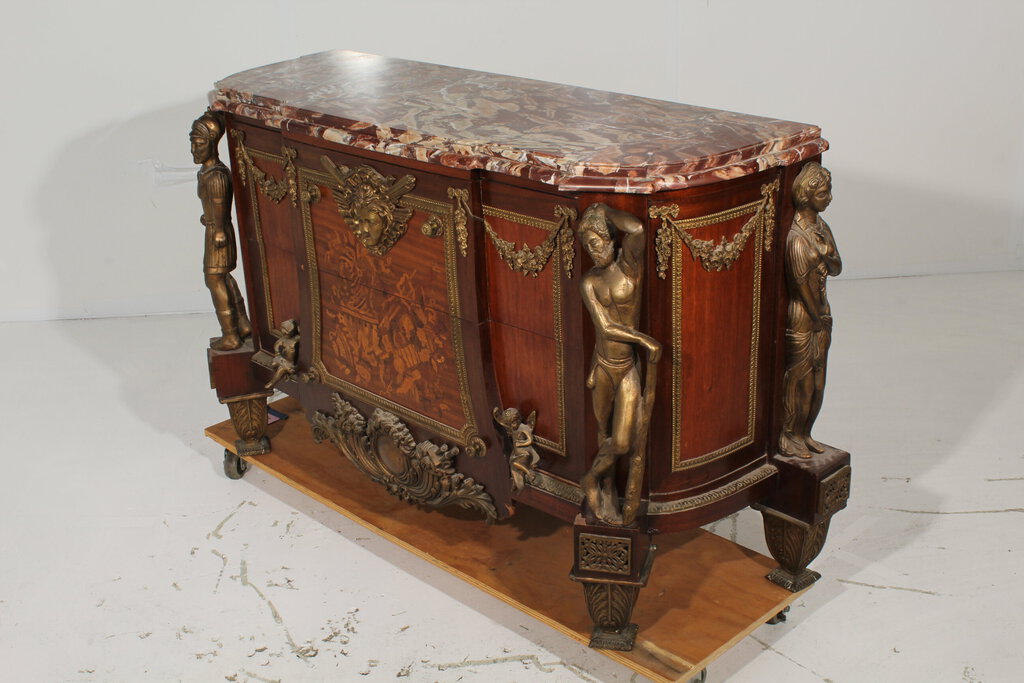 Antique Louis XVI Style Marble Top Mahogany Breakfront Commode