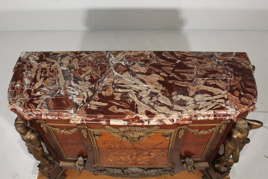 Antique Louis XVI Style Marble Top Mahogany Breakfront Commode