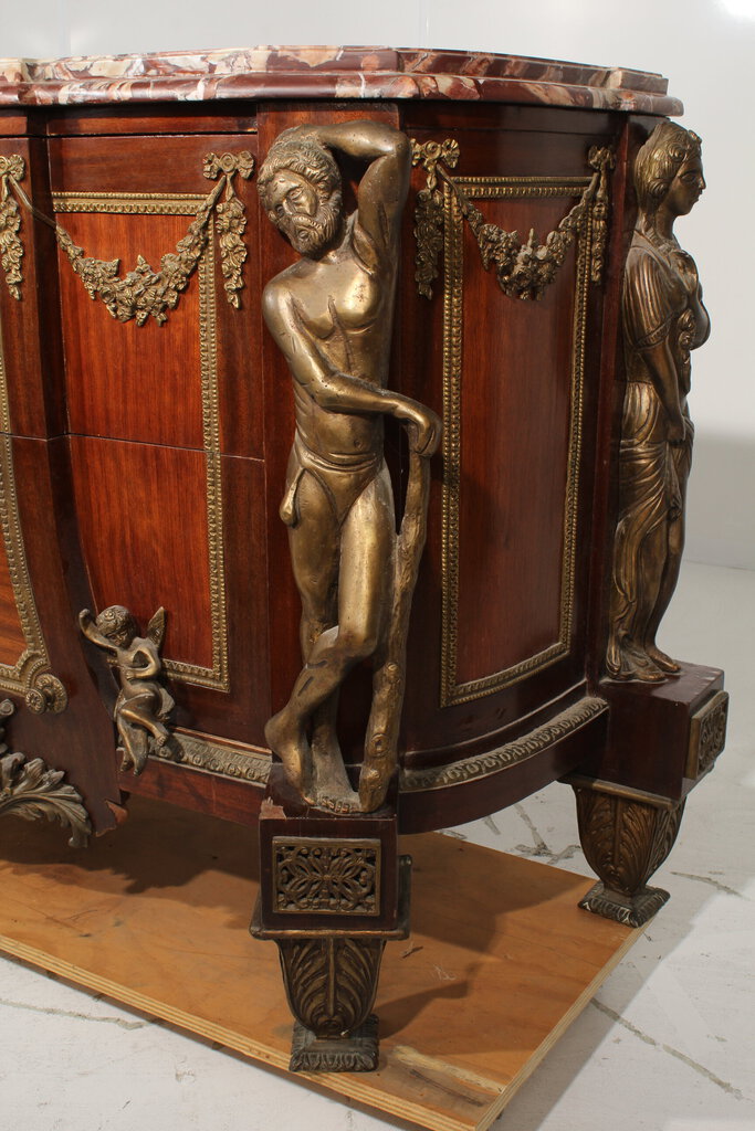 Antique Louis XVI Style Marble Top Mahogany Breakfront Commode
