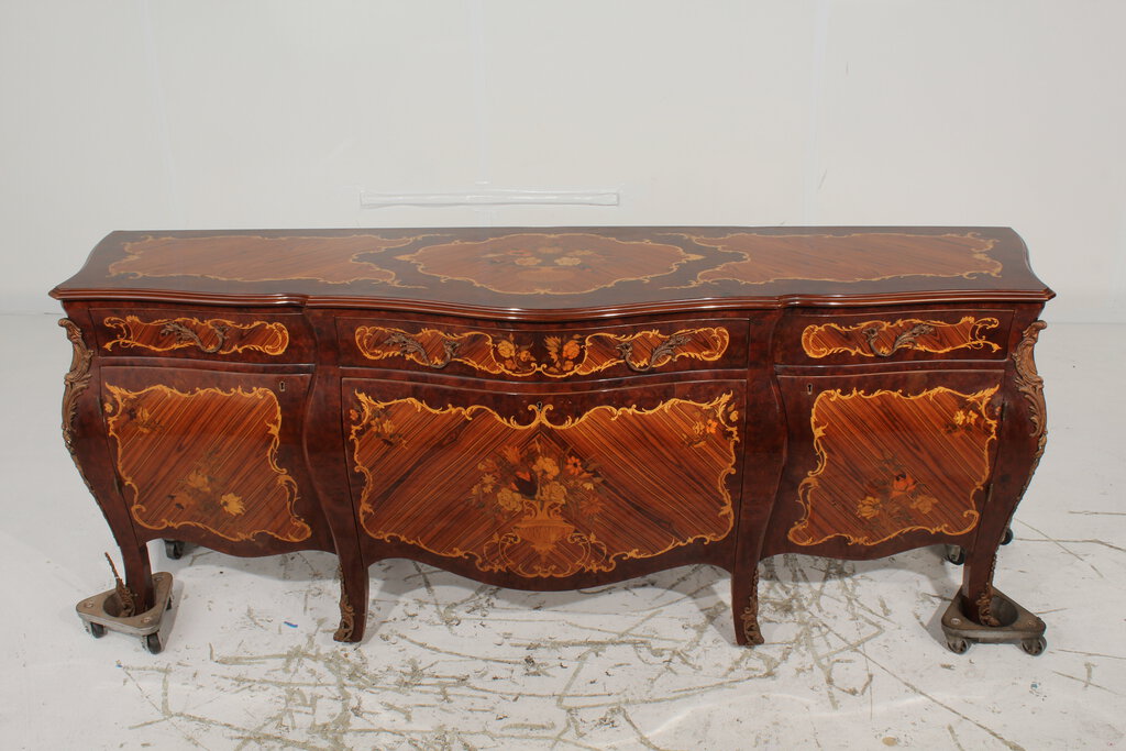 Modern Louis XV Marquetry Veneer Ormolu Accents Buffet