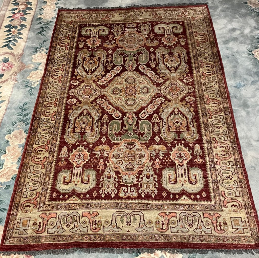 Afghan Rustic Red and Cream "Chobi" Rug with Olive and Pink Accents- Wool on Wool Foundation