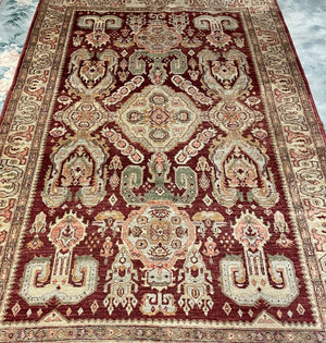 Afghan Rustic Red and Cream "Chobi" Rug with Olive and Pink Accents- Wool on Wool Foundation