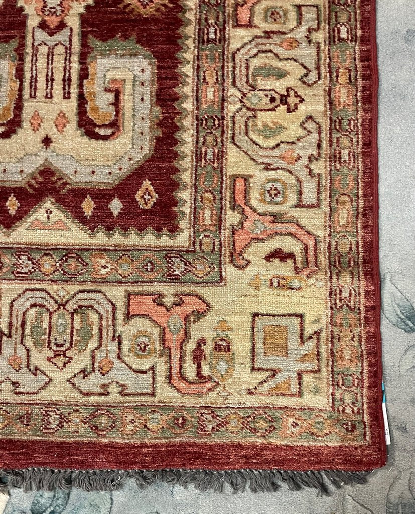 Afghan Rustic Red and Cream "Chobi" Rug with Olive and Pink Accents- Wool on Wool Foundation