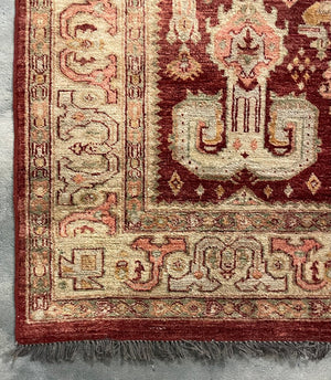 Afghan Rustic Red and Cream "Chobi" Rug with Olive and Pink Accents- Wool on Wool Foundation