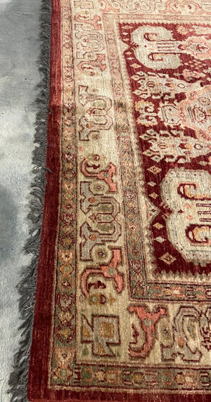 Afghan Rustic Red and Cream "Chobi" Rug with Olive and Pink Accents- Wool on Wool Foundation