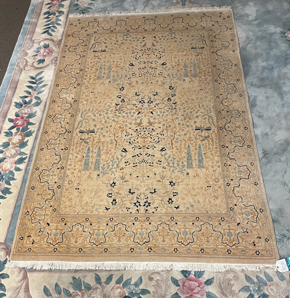 Persian Cream Tabriz Rug with Navy and Periwinkle Blue Accents- Wool on Cotton Foundation