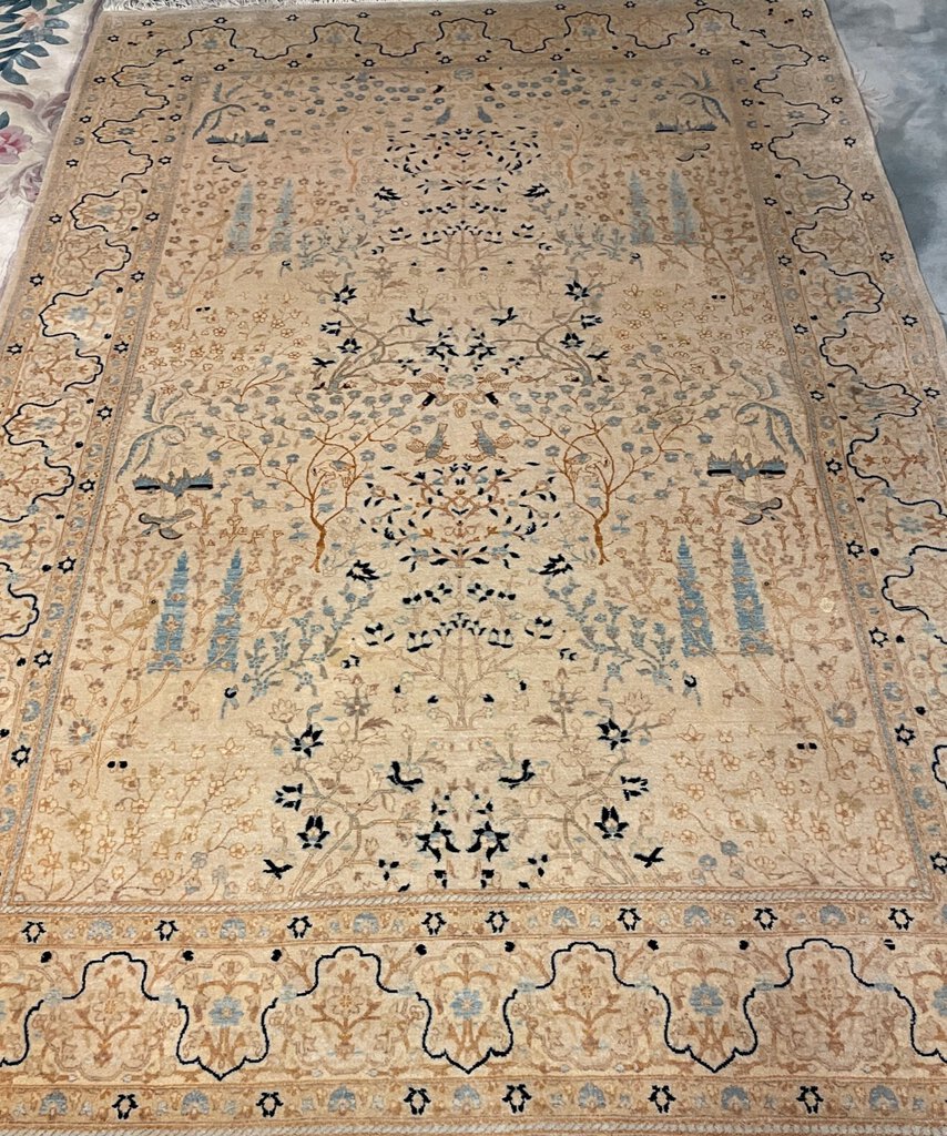 Persian Cream Tabriz Rug with Navy and Periwinkle Blue Accents- Wool on Cotton Foundation