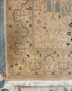 Persian Cream Tabriz Rug with Navy and Periwinkle Blue Accents- Wool on Cotton Foundation