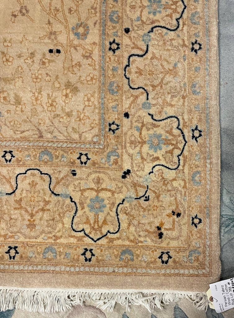 Persian Cream Tabriz Rug with Navy and Periwinkle Blue Accents- Wool on Cotton Foundation