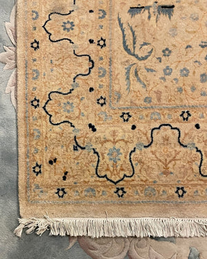 Persian Cream Tabriz Rug with Navy and Periwinkle Blue Accents- Wool on Cotton Foundation