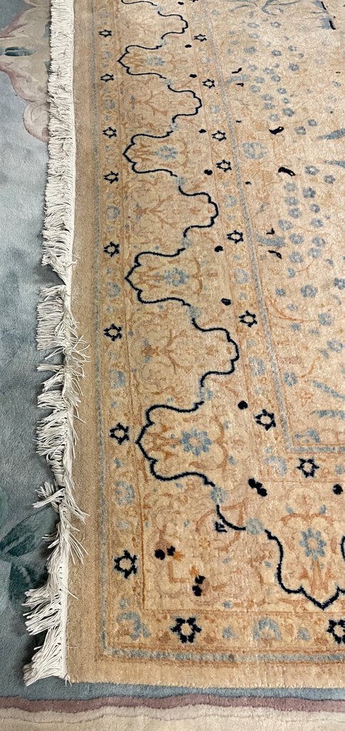 Persian Cream Tabriz Rug with Navy and Periwinkle Blue Accents- Wool on Cotton Foundation