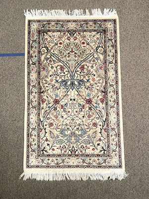 Persian White and Cream Nain Rug with Light Blue, Pink and Black accents - Wool on Cotton Foundation