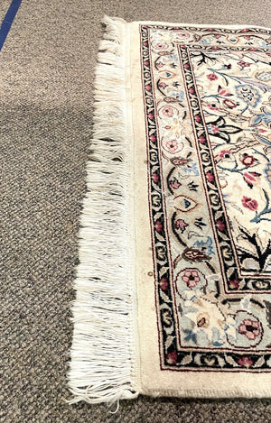 Persian White and Cream Nain Rug with Light Blue, Pink and Black accents - Wool on Cotton Foundation