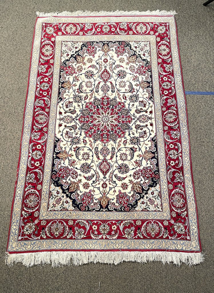 Persian Red and White Esfahan Rug with Lilac and Periwinkle Blue Accents - Fine Kork (Cashmere) Wool on Silk Foundation