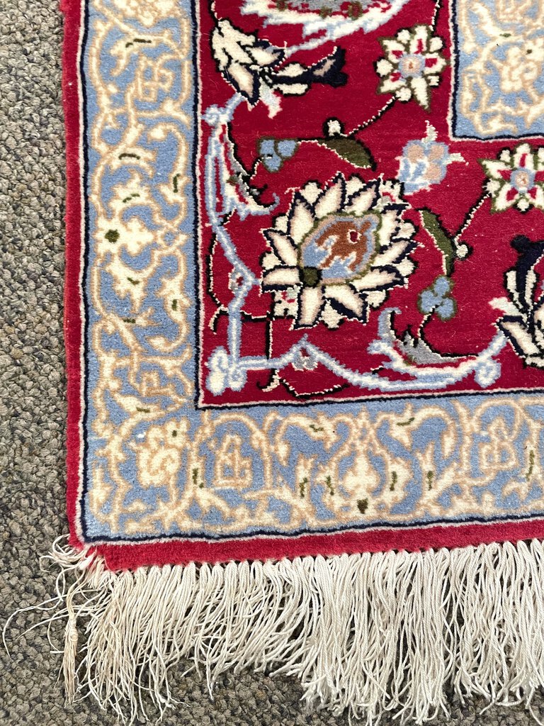 Persian Red and White Esfahan Rug with Lilac and Periwinkle Blue Accents - Fine Kork (Cashmere) Wool on Silk Foundation