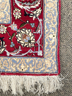 Persian Red and White Esfahan Rug with Lilac and Periwinkle Blue Accents - Fine Kork (Cashmere) Wool on Silk Foundation