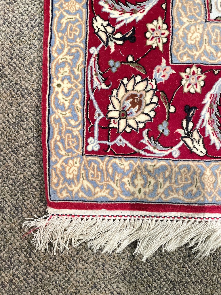 Persian Red and White Esfahan Rug with Lilac and Periwinkle Blue Accents - Fine Kork (Cashmere) Wool on Silk Foundation