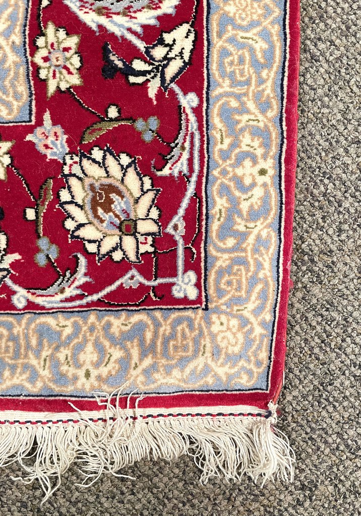 Persian Red and White Esfahan Rug with Lilac and Periwinkle Blue Accents - Fine Kork (Cashmere) Wool on Silk Foundation