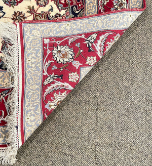 Persian Red and White Esfahan Rug with Lilac and Periwinkle Blue Accents - Fine Kork (Cashmere) Wool on Silk Foundation