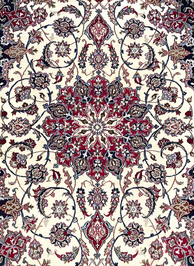 Persian Red and White Esfahan Rug with Lilac and Periwinkle Blue Accents - Fine Kork (Cashmere) Wool on Silk Foundation