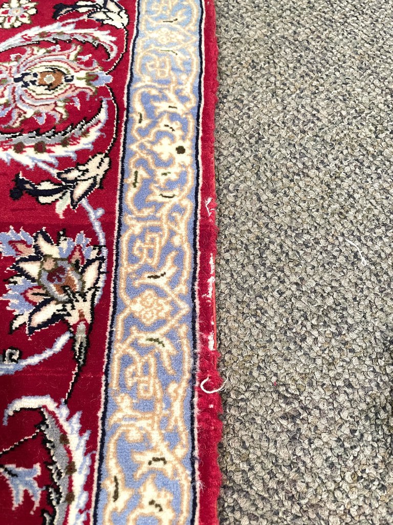 Persian Red and White Esfahan Rug with Lilac and Periwinkle Blue Accents - Fine Kork (Cashmere) Wool on Silk Foundation