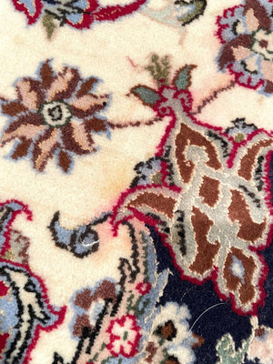 Persian Red and White Esfahan Rug with Lilac and Periwinkle Blue Accents - Fine Kork (Cashmere) Wool on Silk Foundation